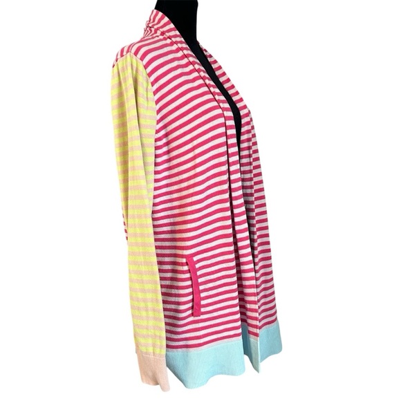 Lands’ End Striped Multi Color Open Front Long Cardigan With Pockets 100% Cotton - Picture 3 of 8